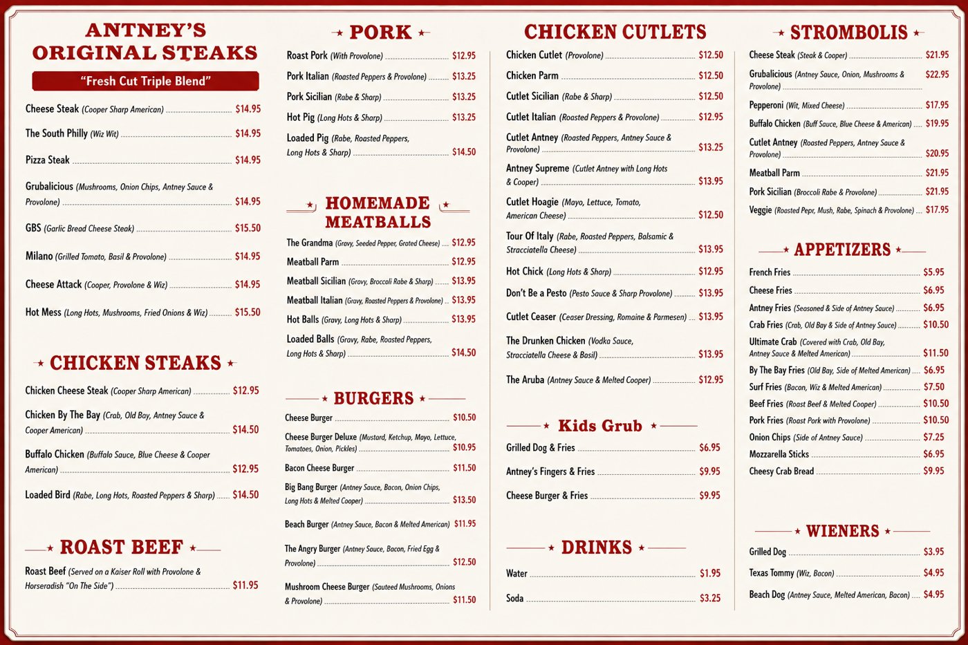 Antney's Grub full menu board listing all steaks, chicken, pork, meatballs, burgers, cutlets, strombolis, appetizers, wieners, kids grub and drinks with prices