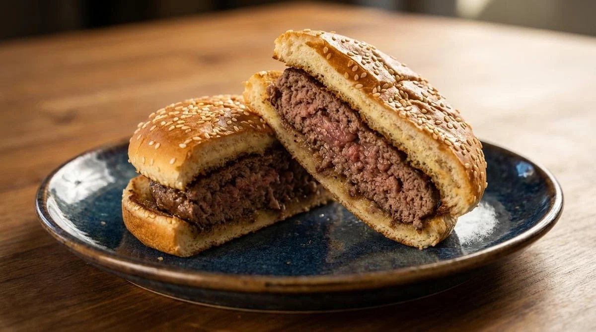 A cheeseburger sliced in half on a plate, showing the fresh-ground patty